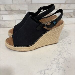 Toms Black Espadrille High Heel Platform Wedge Peep Toe Sandals Size 8.5 Canvas